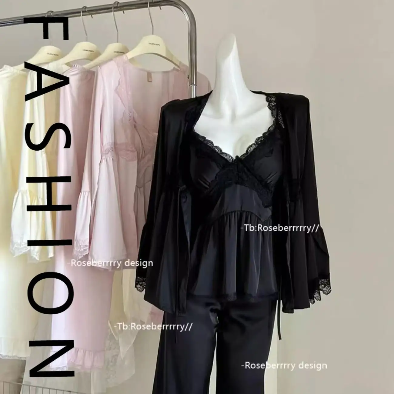 French suspender pajamas women's spring and autumn ice silk long-sleeved three-piece set summer sweet v-neck with chest pad loun
French suspender pajamas women's spring and autumn ice silk long-sleeved three-piece set summer sweet v-neck with chest pad loun