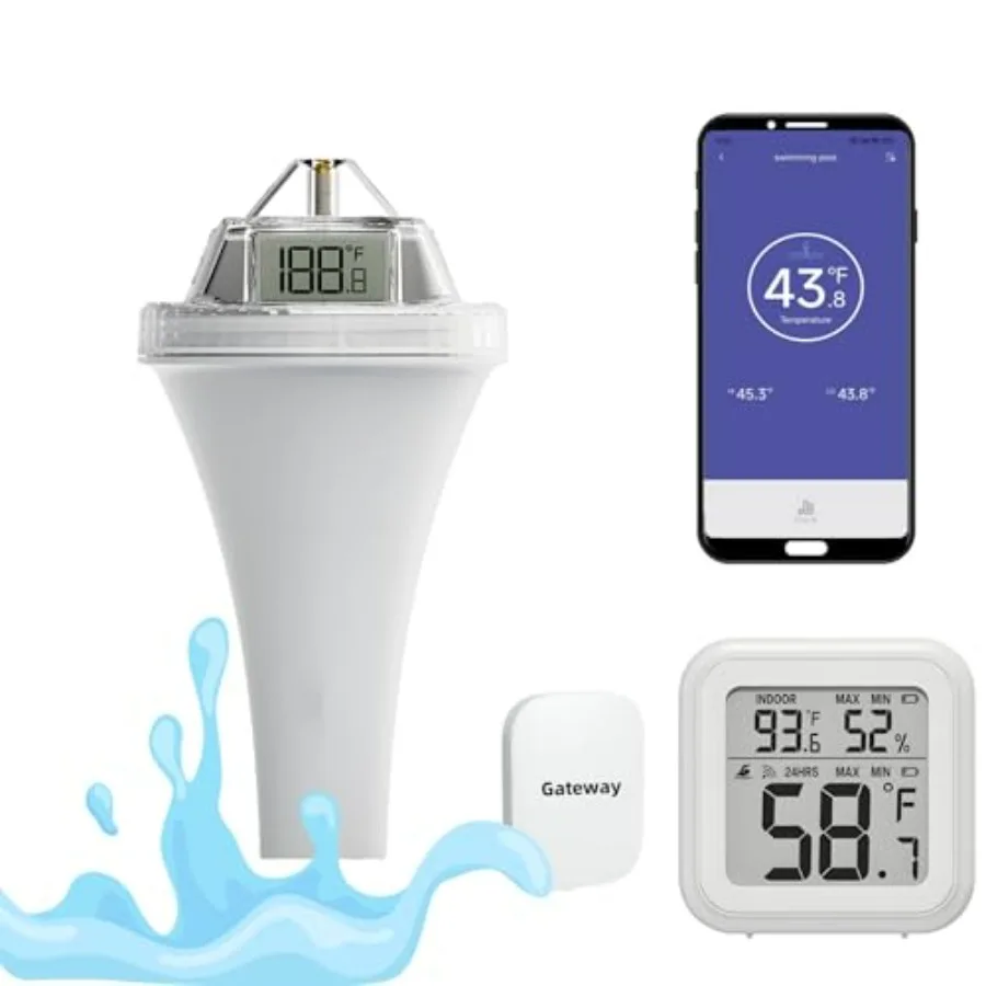 Digital Pool Thermometer with Hub for Hot Tub, Ice Bath, Swimming Pool, Spa and Fish Bowl: Floating, Remote Checking, Easy Read
Digital Pool Thermometer with Hub for Hot Tub, Ice Bath, Swimming Pool, Spa and Fish Bowl: Floating, Remote Checking, Easy Read
