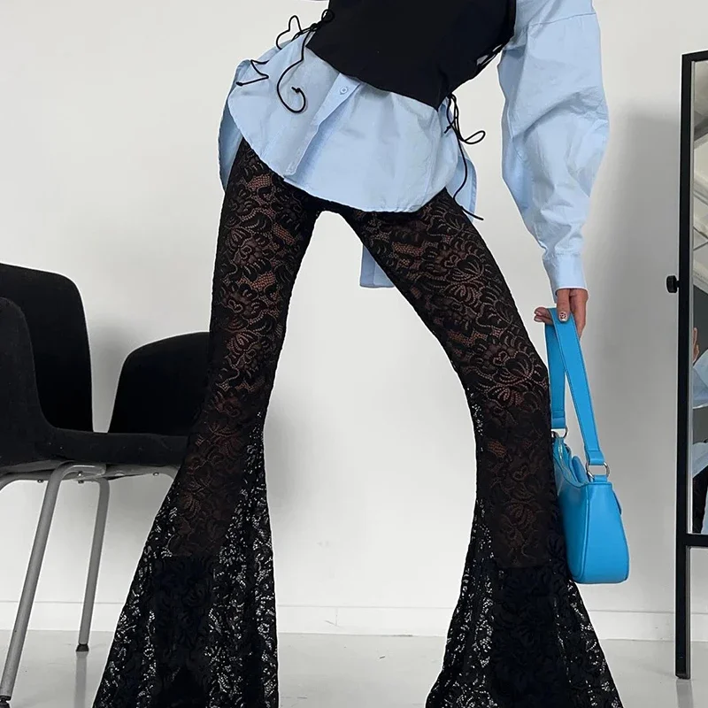 Fashion Black Skinny Lace Trousers Full Length Solid Transparent Sexy Party Thin Flared Pants Vintage Elegant Bottoms
Fashion Black Skinny Lace Trousers Full Length Solid Transparent Sexy Party Thin Flared Pants Vintage Elegant Bottoms