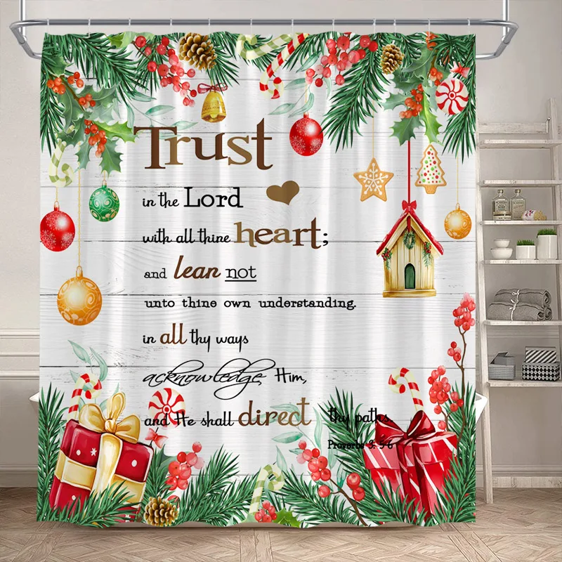 New Year Christmas Shower Curtains Green Pine Branch Xmas Balls Red Berries Gifts Trust in the Lord Bathroom Curtain Decor Set
New Year Christmas Shower Curtains Green Pine Branch Xmas Balls Red Berries Gifts Trust in the Lord Bathroom Curtain Decor Set