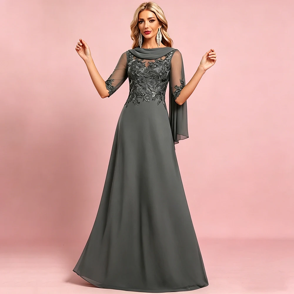 Customized Gray Mother of The Bride Dresses Half Sleeves Round Neck Sequined Applique Chiffon Long Wedding Guest Gown
Customized Gray Mother of The Bride Dresses Half Sleeves Round Neck Sequined Applique Chiffon Long Wedding Guest Gown