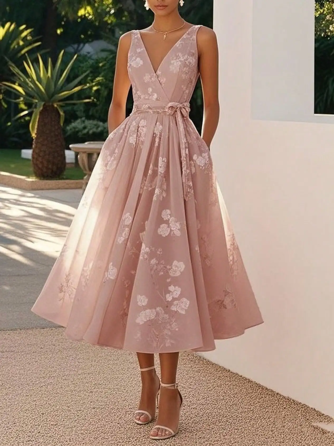 Blush Pink Floral Lace Midi Dress, V-Neck Sleeveless A-Line Formal Dress With Belt For Wedding Guest
Blush Pink Floral Lace Midi Dress, V-Neck Sleeveless A-Line Formal Dress With Belt For Wedding Guest