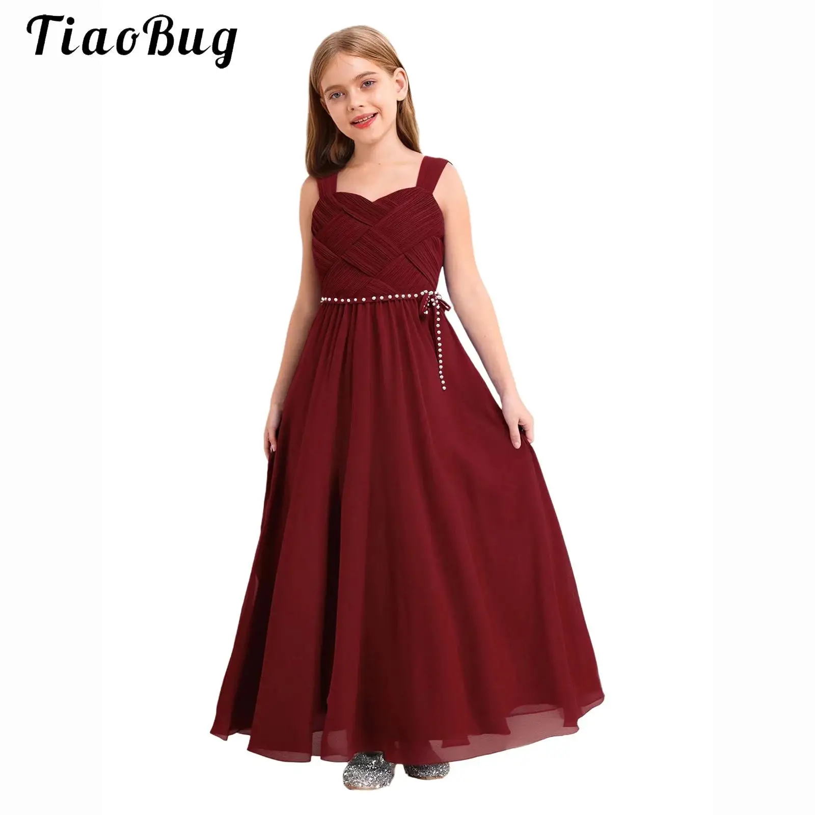 Kids Girls Wedding Bridesmaid Dress Spaghetti Strap Elegant Chiffon Maxi Party Dresses with Faux Pearls Belt for Banquet Pageant
Kids Girls Wedding Bridesmaid Dress Spaghetti Strap Elegant Chiffon Maxi Party Dresses with Faux Pearls Belt for Banquet Pageant