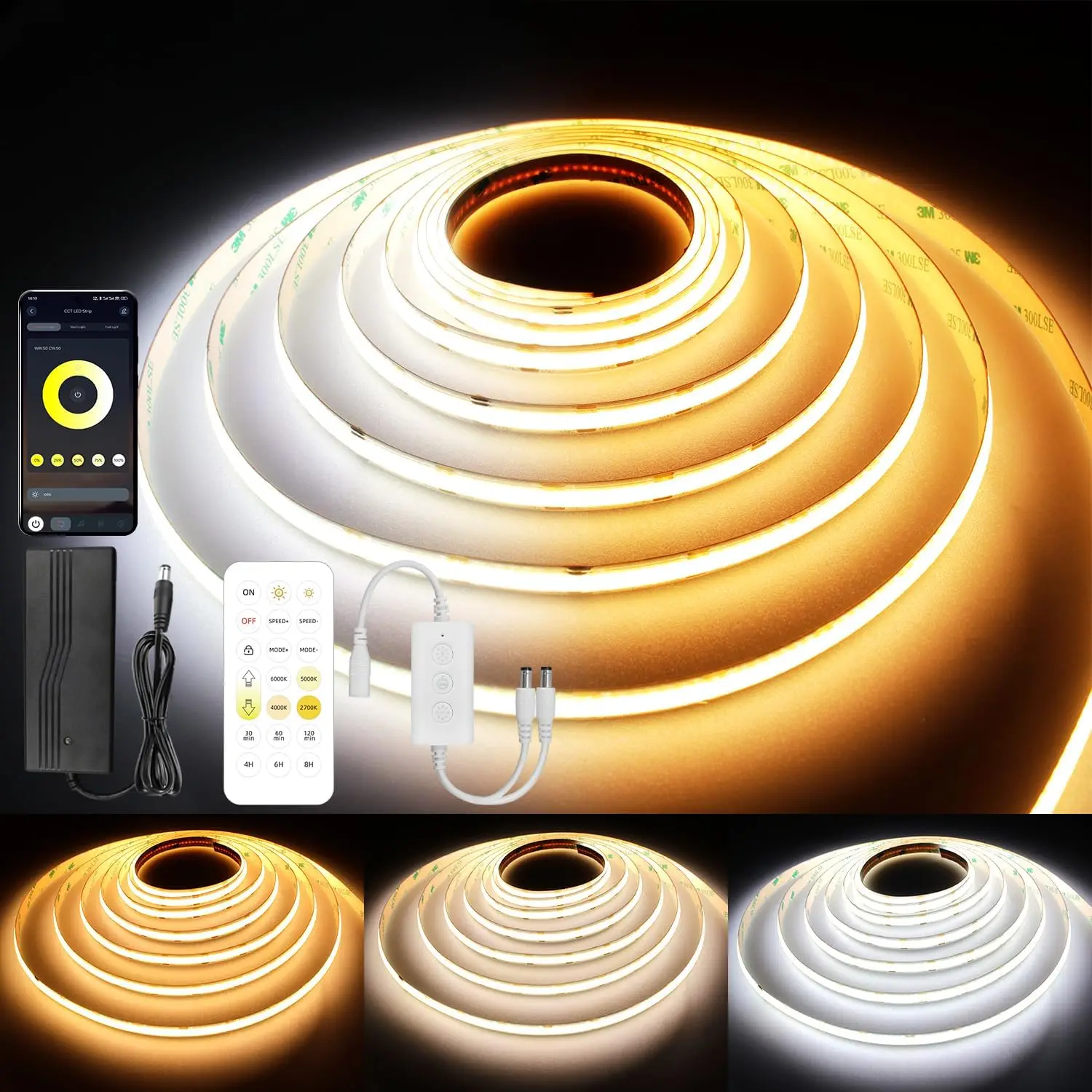 Dimmable CCT COB LED Strip Lights, 49ft Tunable White 2700K-6500K with Remote and Power Supply for Home Lighting
Dimmable CCT COB LED Strip Lights, 49ft Tunable White 2700K-6500K with Remote and Power Supply for Home Lighting