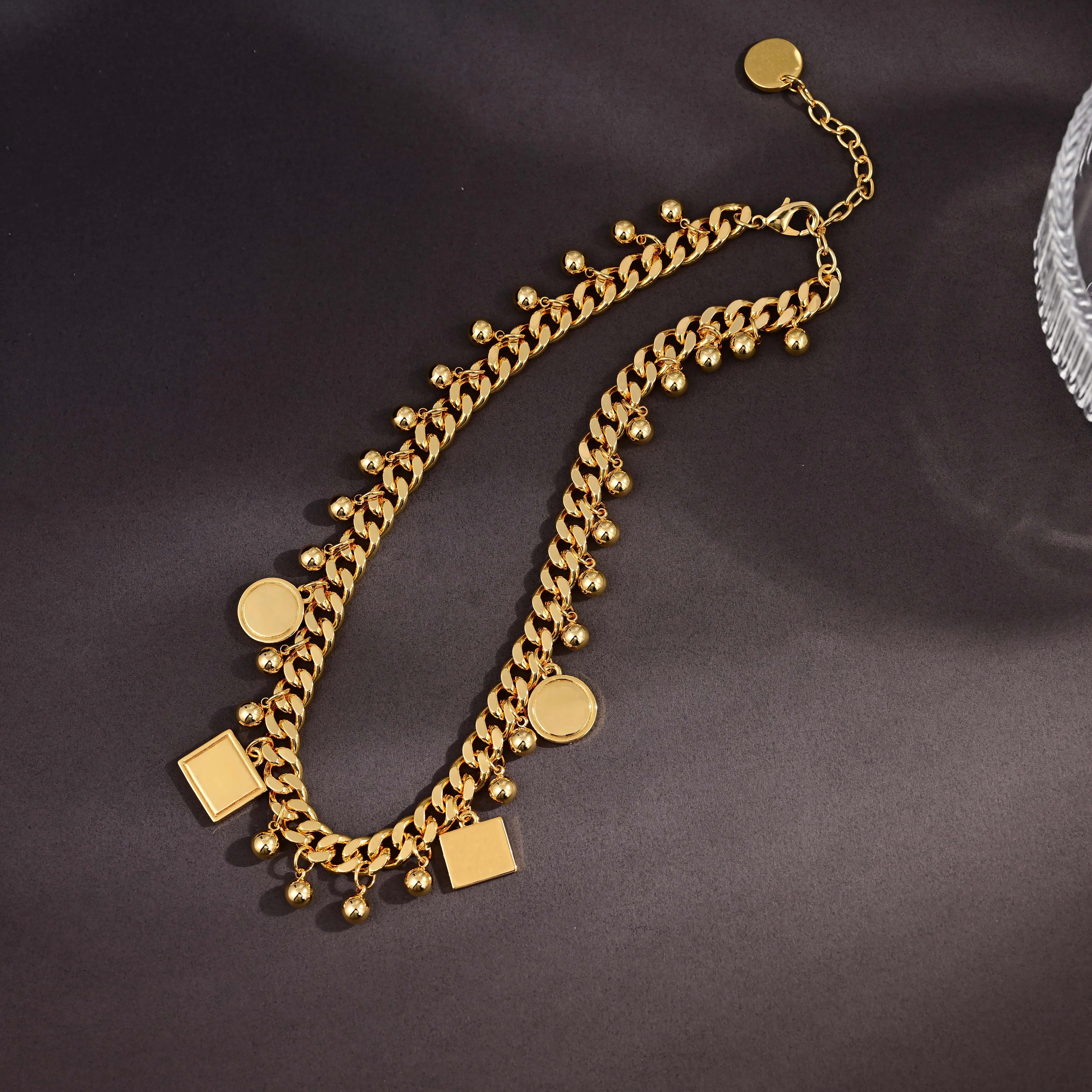 Women's Gold Plated Chunky Chain Necklace with Pendant Vintage Dangle Jewelry Featuring Square Tag Circle Disc And Ball Elements
Women's Gold Plated Chunky Chain Necklace with Pendant Vintage Dangle Jewelry Featuring Square Tag Circle Disc And Ball Elements