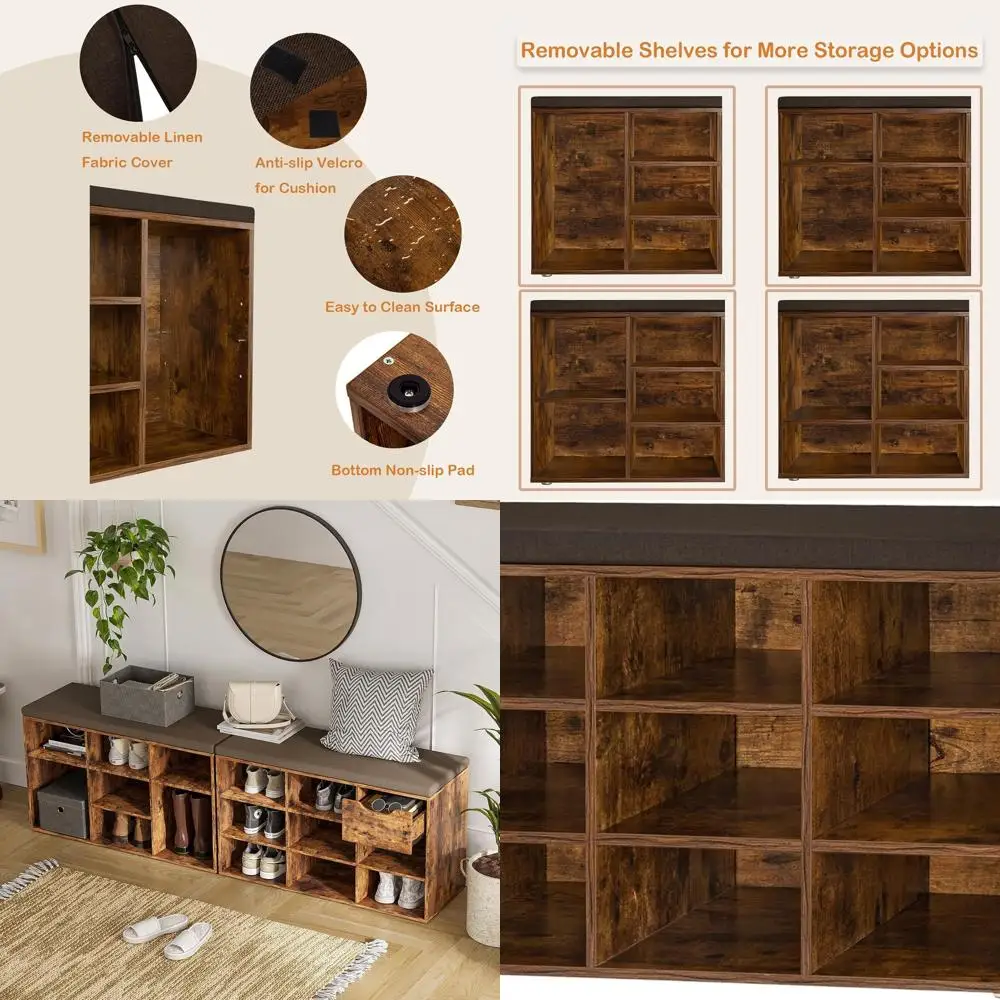 Multifunctional Rustic Brown Shoe Storage Bench with Cushion and 9 Cubby Racks for Entryway, Mudroom, and More
Multifunctional Rustic Brown Shoe Storage Bench with Cushion and 9 Cubby Racks for Entryway, Mudroom, and More
