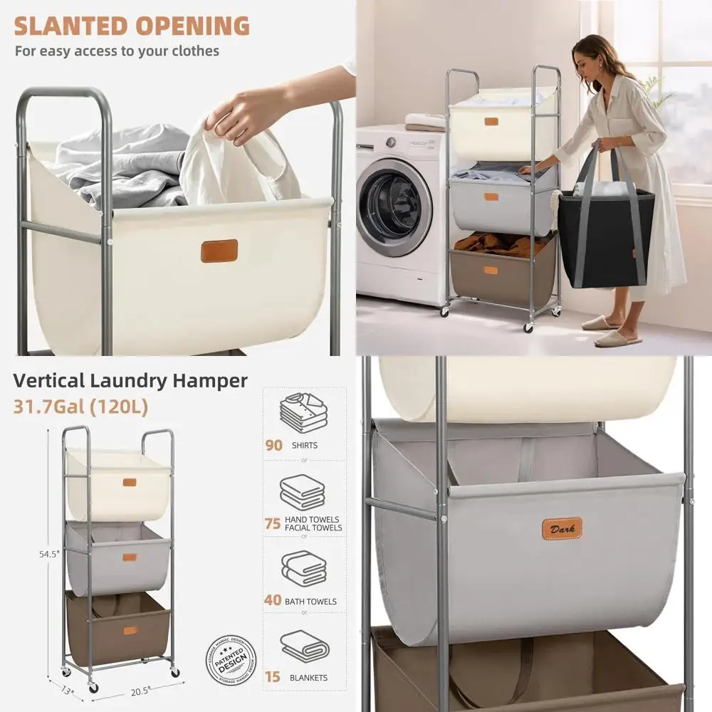 3-Section Vertical Rolling Laundry Hamper with Wheels and Brakes, 120L Multicolored Sorter for Small Spaces and Dorms
3-Section Vertical Rolling Laundry Hamper with Wheels and Brakes, 120L Multicolored Sorter for Small Spaces and Dorms