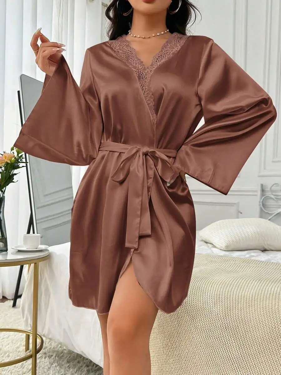 Women Solid Color Lace Contrast Long Sleeve Belted Robe Luxe Loungewear Cozy Elegant Fall Winter
Women Solid Color Lace Contrast Long Sleeve Belted Robe Luxe Loungewear Cozy Elegant Fall Winter