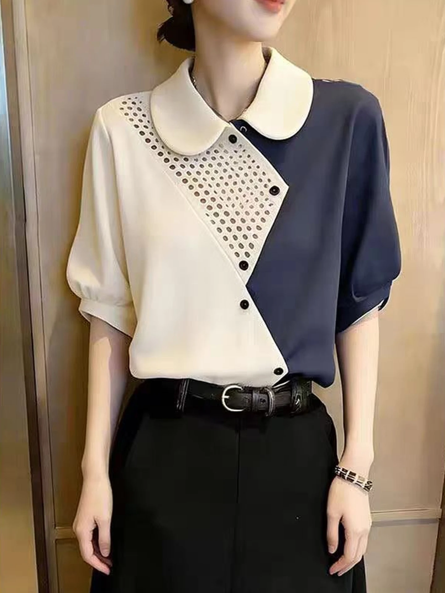 Korean Style Color Block Design Button Shirt Short Sleeve Commute Versatile Fashionable Top Asymmetrical Splice Shirt
Korean Style Color Block Design Button Shirt Short Sleeve Commute Versatile Fashionable Top Asymmetrical Splice Shirt