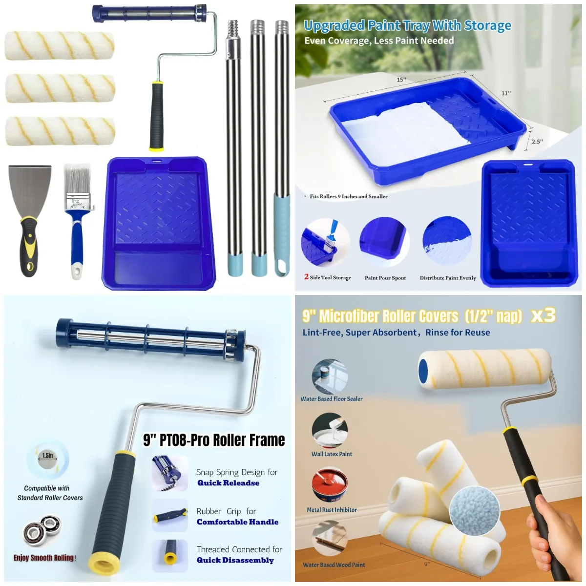 Paint Roller Kit with 9' Frame, 48' Pole, 3 Covers, Tray & Knife
Paint Roller Kit with 9' Frame, 48' Pole, 3 Covers, Tray & Knife