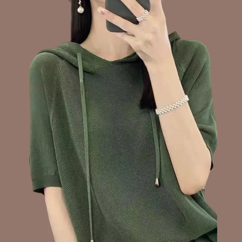 Women New Summer Cool Short-sleeved Tees Hooded Collar Fashion Solid Color Pullover T-shirt Casual Knit Loose All-match Top Q888
Women New Summer Cool Short-sleeved Tees Hooded Collar Fashion Solid Color Pullover T-shirt Casual Knit Loose All-match Top Q888