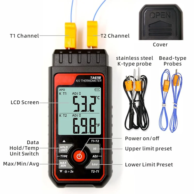 BYBS-Digital Thermocouple Thermometer Dual-Channel K/J Type Thermometer-328-2501℉ Widerange Industrial HVAC Temperature Meter
BYBS-Digital Thermocouple Thermometer Dual-Channel K/J Type Thermometer-328-2501℉ Widerange Industrial HVAC Temperature Meter