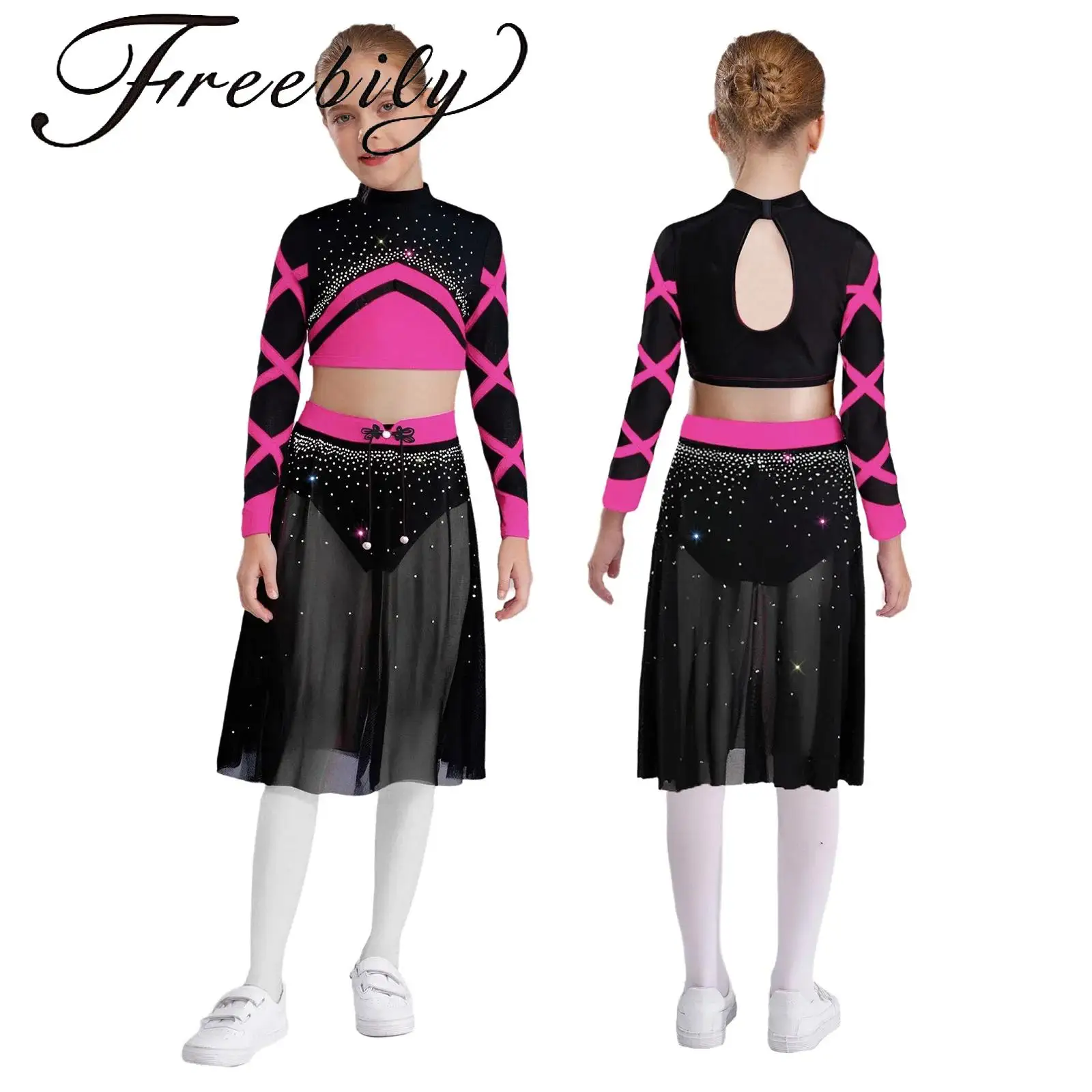 Kids Girls Shiny Rhinestones Dance Outfit Color Block Long Sleeve Keyhole Back Crop Top with Knot Button Side Split Mesh Skirt
Kids Girls Shiny Rhinestones Dance Outfit Color Block Long Sleeve Keyhole Back Crop Top with Knot Button Side Split Mesh Skirt