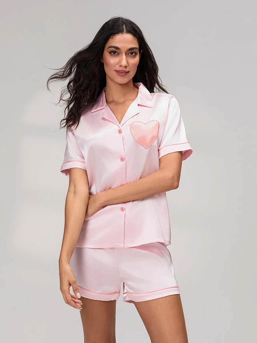 Women Spring Summer 2 Piece Satin Pajamas Heart Print Button Shirts and Elastic Shorts for Loungewear Soft Sleepwear Homewear
Women Spring Summer 2 Piece Satin Pajamas Heart Print Button Shirts and Elastic Shorts for Loungewear Soft Sleepwear Homewear