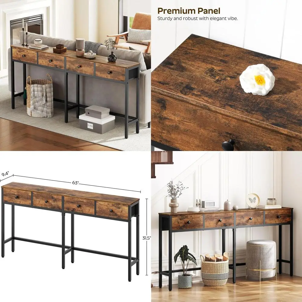 Industrial Rustic 63 Console Table with 4 Drawers, Narrow Sofa Table, Behind Couch, for Living Room, Hallway, Corridor, Brown &
Industrial Rustic 63 Console Table with 4 Drawers, Narrow Sofa Table, Behind Couch, for Living Room, Hallway, Corridor, Brown &