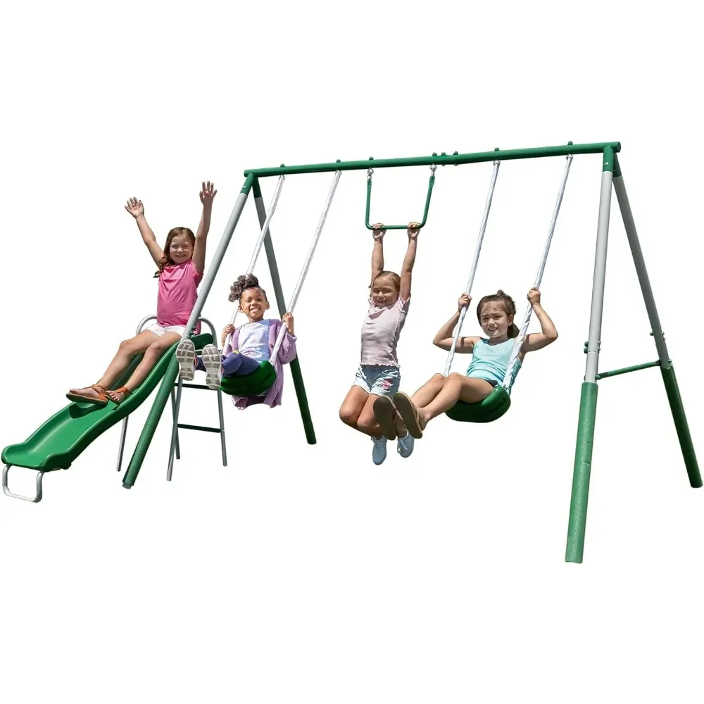Swing Sets for Backyard, 2 Swing Seats, 1 Trapeze, and 1 Slide, All Swings Chains Are Adjustable, Outdoor Swing 
Swing Sets for Backyard, 2 Swing Seats, 1 Trapeze, and 1 Slide, All Swings Chains Are Adjustable, Outdoor Swing