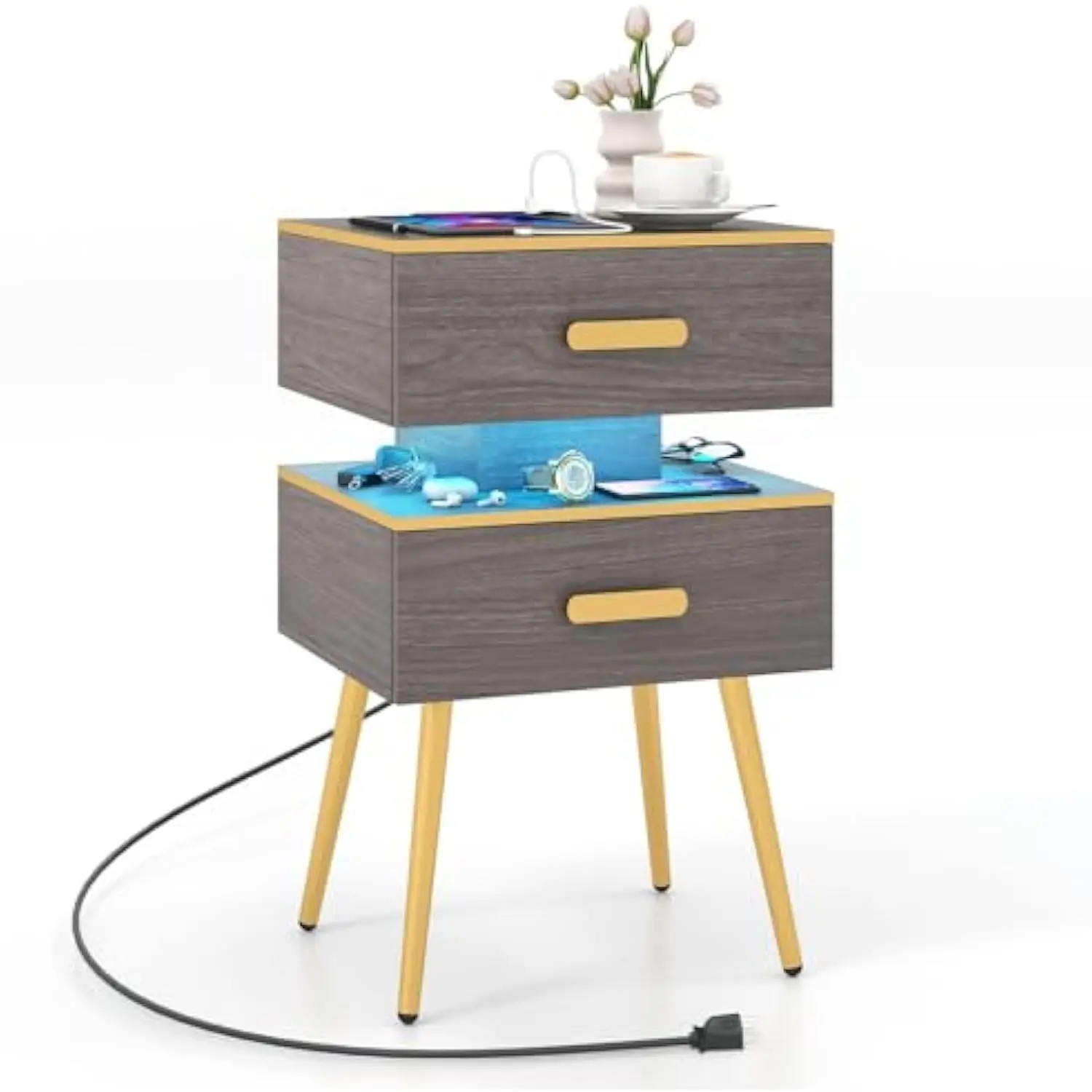 Nightstand with Charging Station & Led Lights, 28.5 Bedside Table with 2 Drawers, 2 USB Ports & 3 Outlets, Modern End Side Tab
Nightstand with Charging Station & Led Lights, 28.5 Bedside Table with 2 Drawers, 2 USB Ports & 3 Outlets, Modern End Side Tab