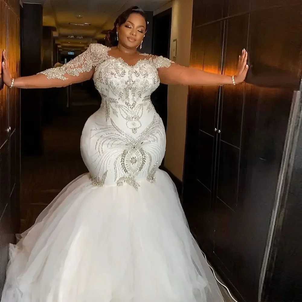 Customized Plus Size Wedding Dresses Crystal Mermaid Bridal Gown Sheer Full Sleeve Beading Vestido De Novia Corset Back Design
Customized Plus Size Wedding Dresses Crystal Mermaid Bridal Gown Sheer Full Sleeve Beading Vestido De Novia Corset Back Design