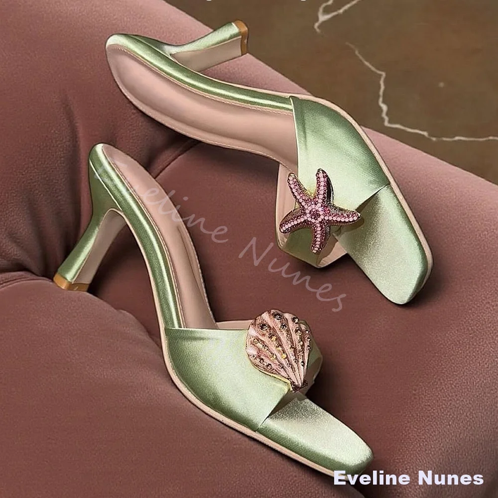 Elegant Mint Green Satin Backless Mules Women Crystal Starfish Shell Decor Square Toe Mid Heel Summer Beach Holiday Sandals
Elegant Mint Green Satin Backless Mules Women Crystal Starfish Shell Decor Square Toe Mid Heel Summer Beach Holiday Sandals