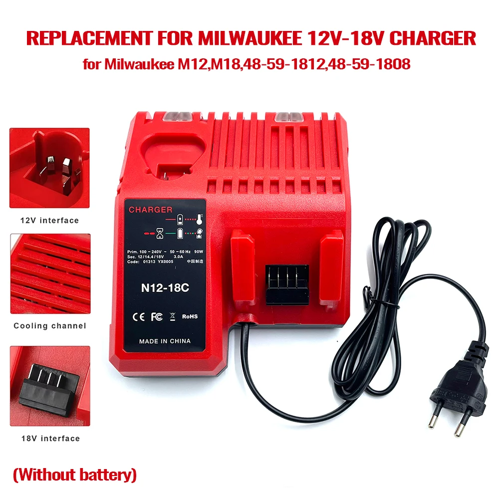 M12-18C Charger For Milwaukee 12V 14.4V 18V Lithium Battery Case Pack For M12 For M14 For M18 For M12B2 For M14B4 48-11-1840
M12-18C Charger For Milwaukee 12V 14.4V 18V Lithium Battery Case Pack For M12 For M14 For M18 For M12B2 For M14B4 48-11-1840