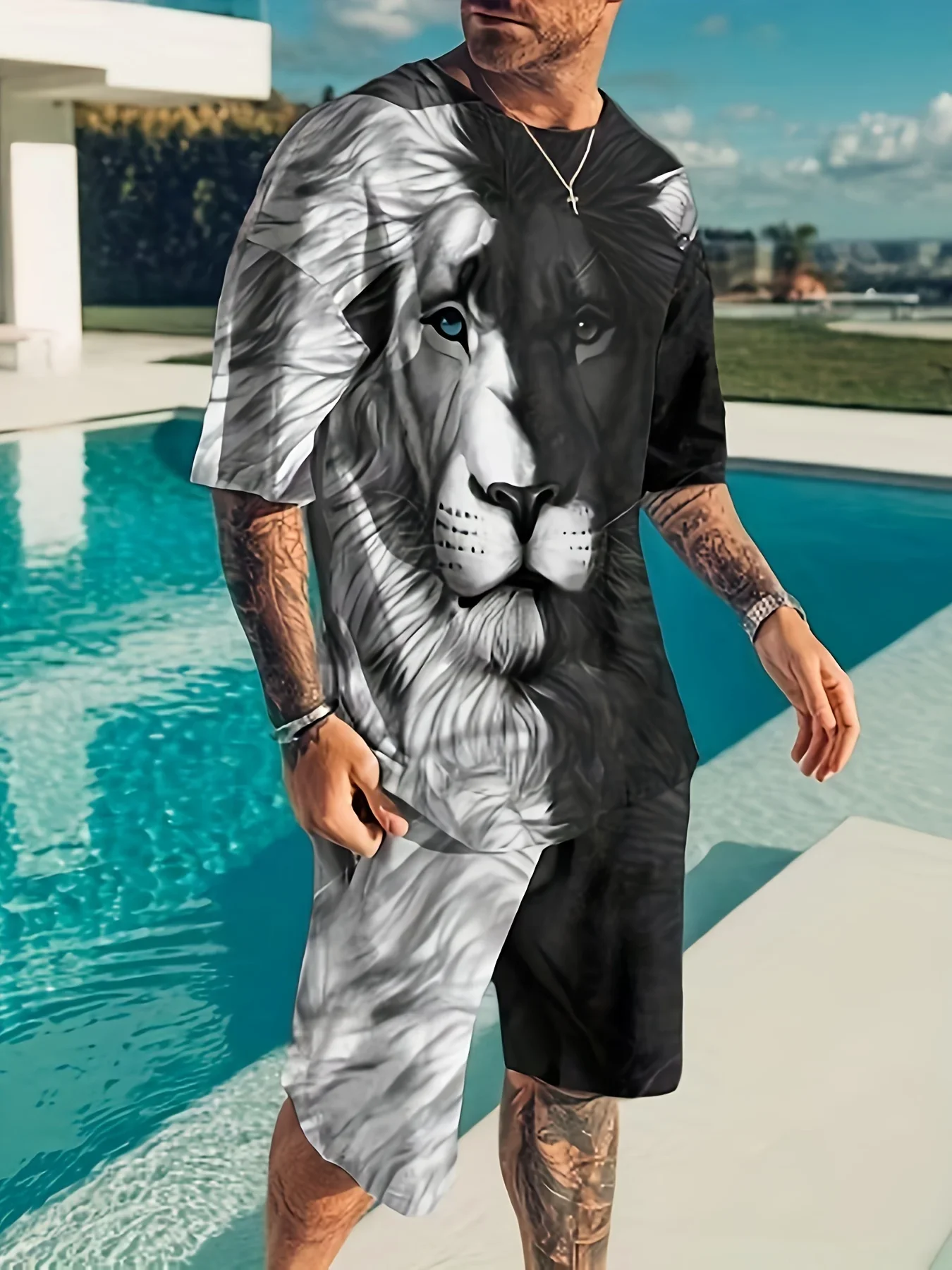 Plus Size Men's 2 Piece Summer Casual Suit Color Block Lion Print Short Sleeve T Shirt And Track Shorts Set Beach Sports Suit
Plus Size Men's 2 Piece Summer Casual Suit Color Block Lion Print Short Sleeve T Shirt And Track Shorts Set Beach Sports Suit