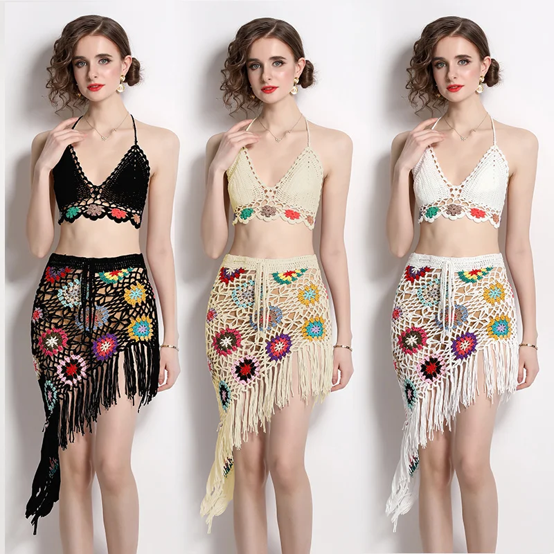 Summer Bohemian hand hook knitting hollow out v-neck strapless tops with irregular tassels skirt
Summer Bohemian hand hook knitting hollow out v-neck strapless tops with irregular tassels skirt