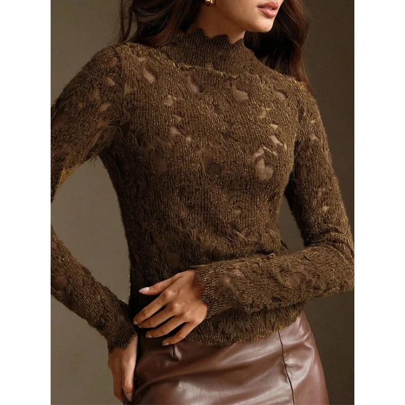 Casual Lace Hollow Pullover Lady Fashion High Collar Long-sleeved Slim Short Inner Sweater Women Daily Commute Street Pullovers
Casual Lace Hollow Pullover Lady Fashion High Collar Long-sleeved Slim Short Inner Sweater Women Daily Commute Street Pullovers