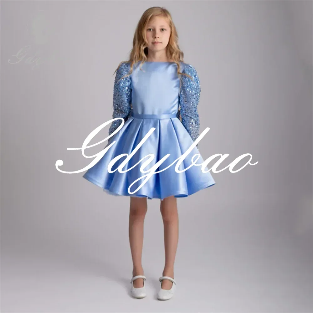Luxury Shiny Long Puff Sleeve A Line Short Flower Girl Dress Above Knee Length Pleat Sequined First Communion Gown Customized
Luxury Shiny Long Puff Sleeve A Line Short Flower Girl Dress Above Knee Length Pleat Sequined First Communion Gown Customized