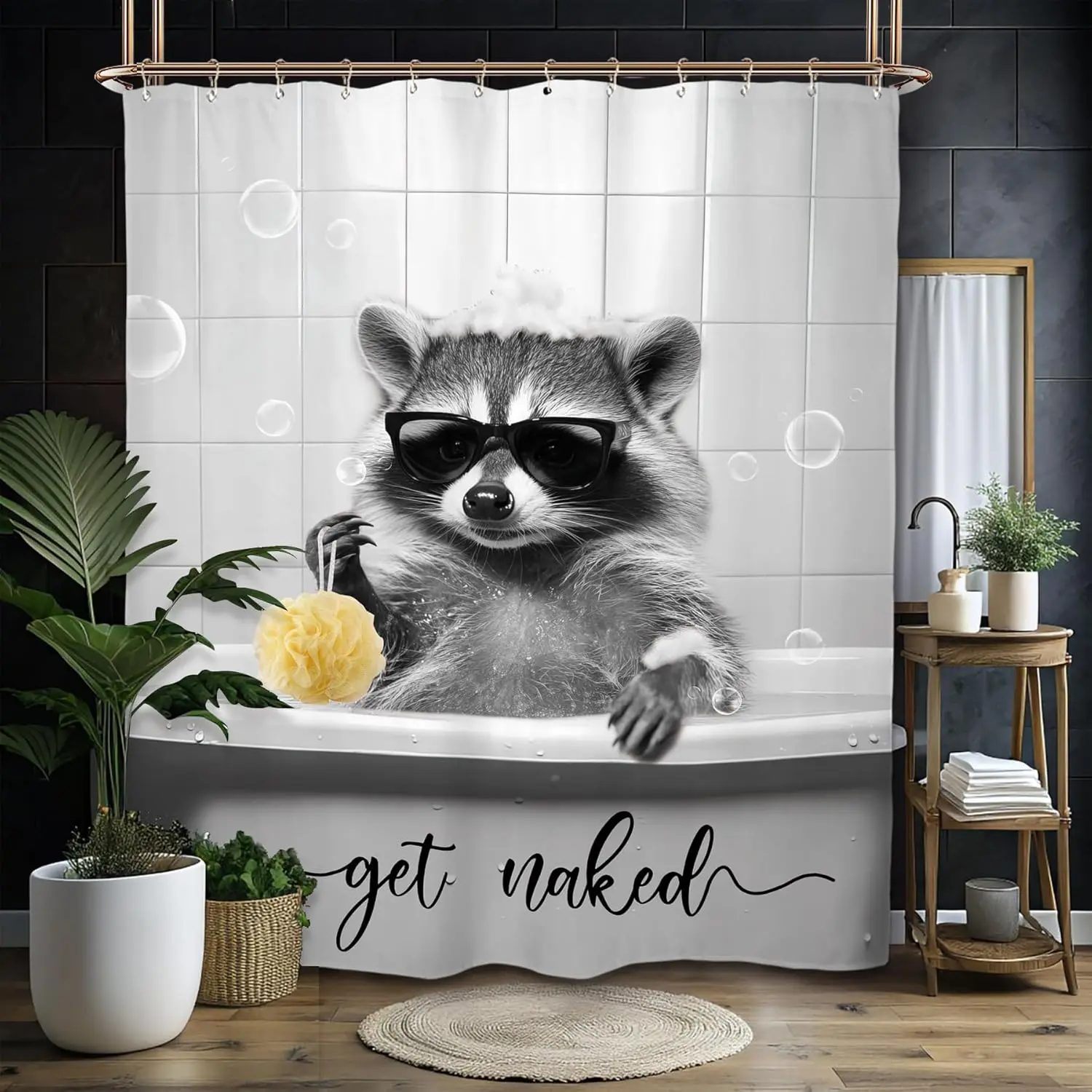 Funny Raccoon in Bathtub Shower Curtain with Sunglasses and Get Naked Text Humorous Animal Print for Modern Bathroom Decor
Funny Raccoon in Bathtub Shower Curtain with Sunglasses and Get Naked Text Humorous Animal Print for Modern Bathroom Decor