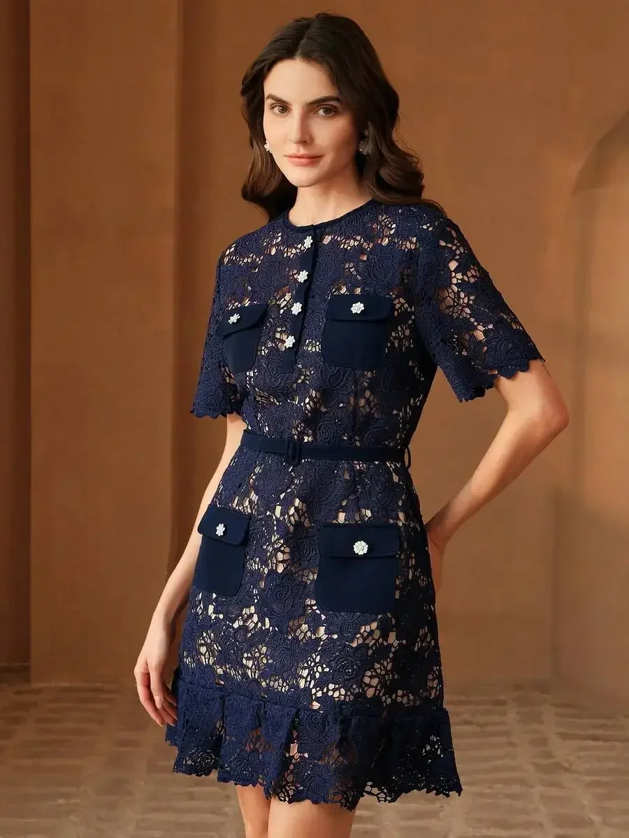 Women Elegant Blue Lace Dress With Pockets Short Sleeve Knee Length Casual
Women Elegant Blue Lace Dress With Pockets Short Sleeve Knee Length Casual
