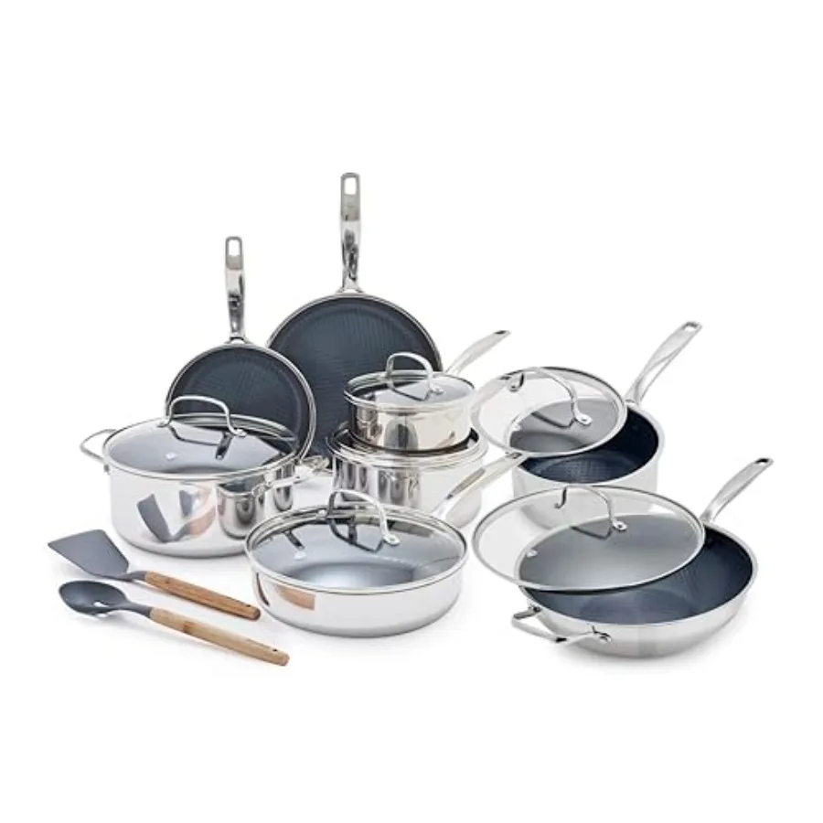 Hybrid Nonstick Stainless Steel Cookware Set: Tri-Ply PFAS-Free Ceramic Diamond Bond, Silver, Dishwasher Oven Safe to 850F, Ind
Hybrid Nonstick Stainless Steel Cookware Set: Tri-Ply PFAS-Free Ceramic Diamond Bond, Silver, Dishwasher Oven Safe to 850F, Ind