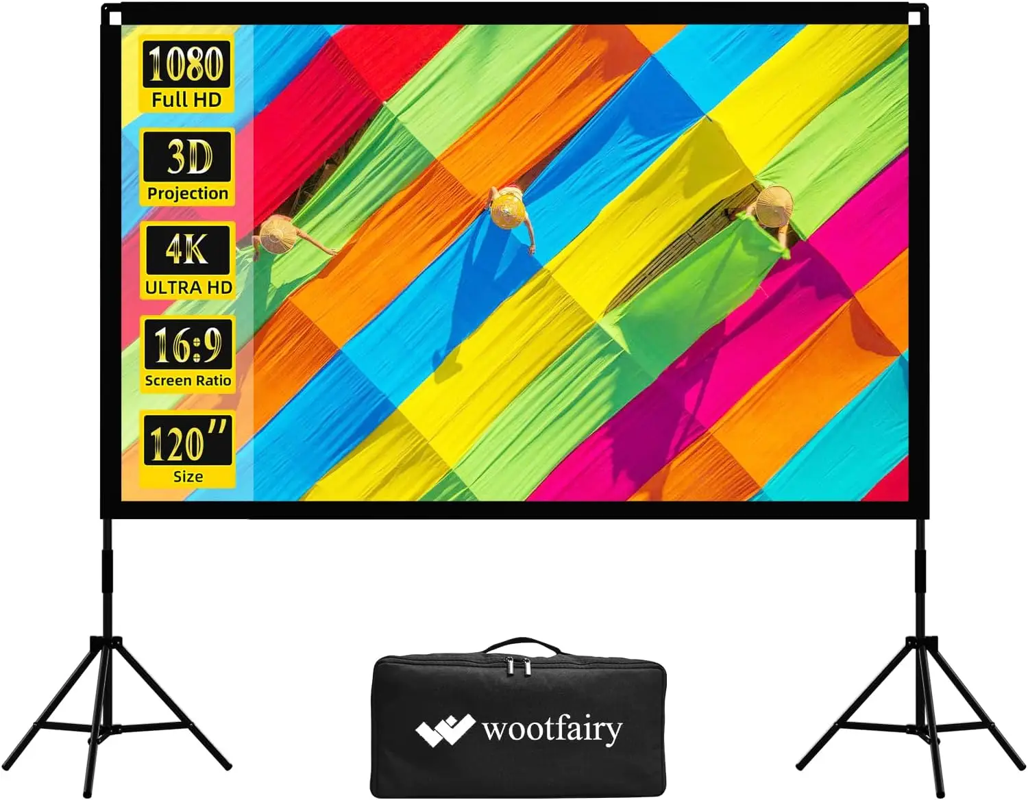 120 inch Projector Screen with Stand, Portable and Foldable 16:9 4K HD Rear Front Movie Screen for Indoor Outdoor Home Theater
120 inch Projector Screen with Stand, Portable and Foldable 16:9 4K HD Rear Front Movie Screen for Indoor Outdoor Home Theater