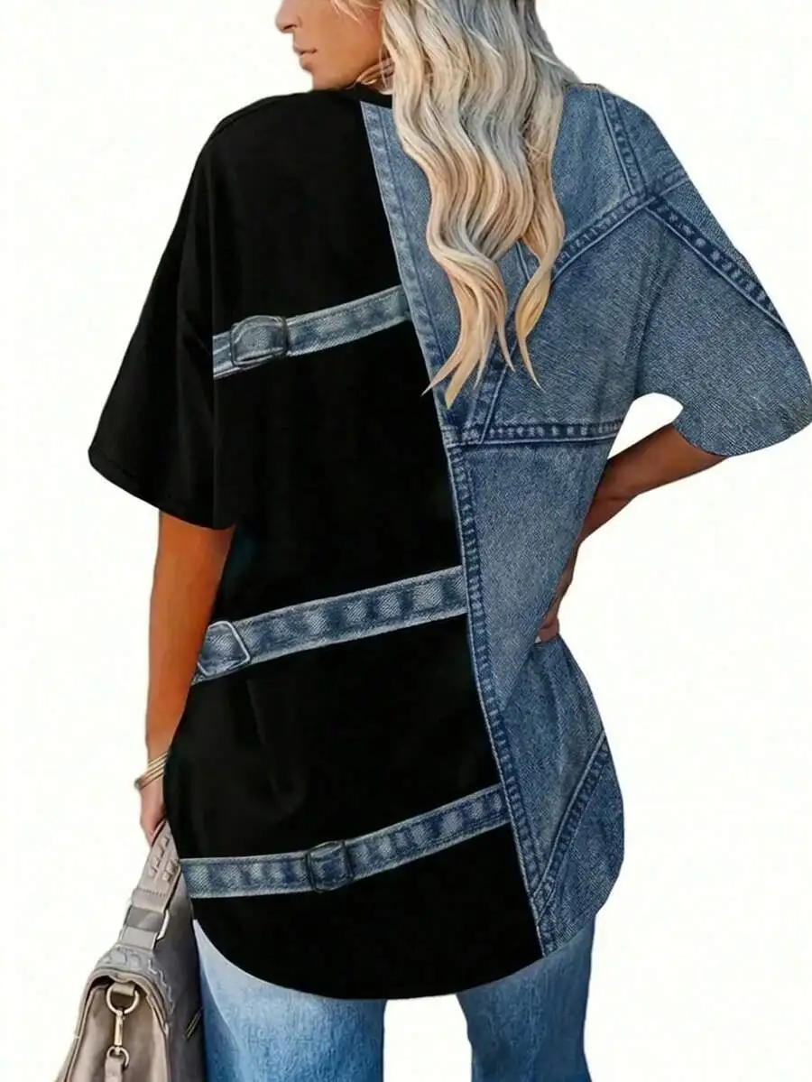 Patchwork Denim And Black Short Sleeve Casual Loose T-Shirt For Women Spring
Patchwork Denim And Black Short Sleeve Casual Loose T-Shirt For Women Spring