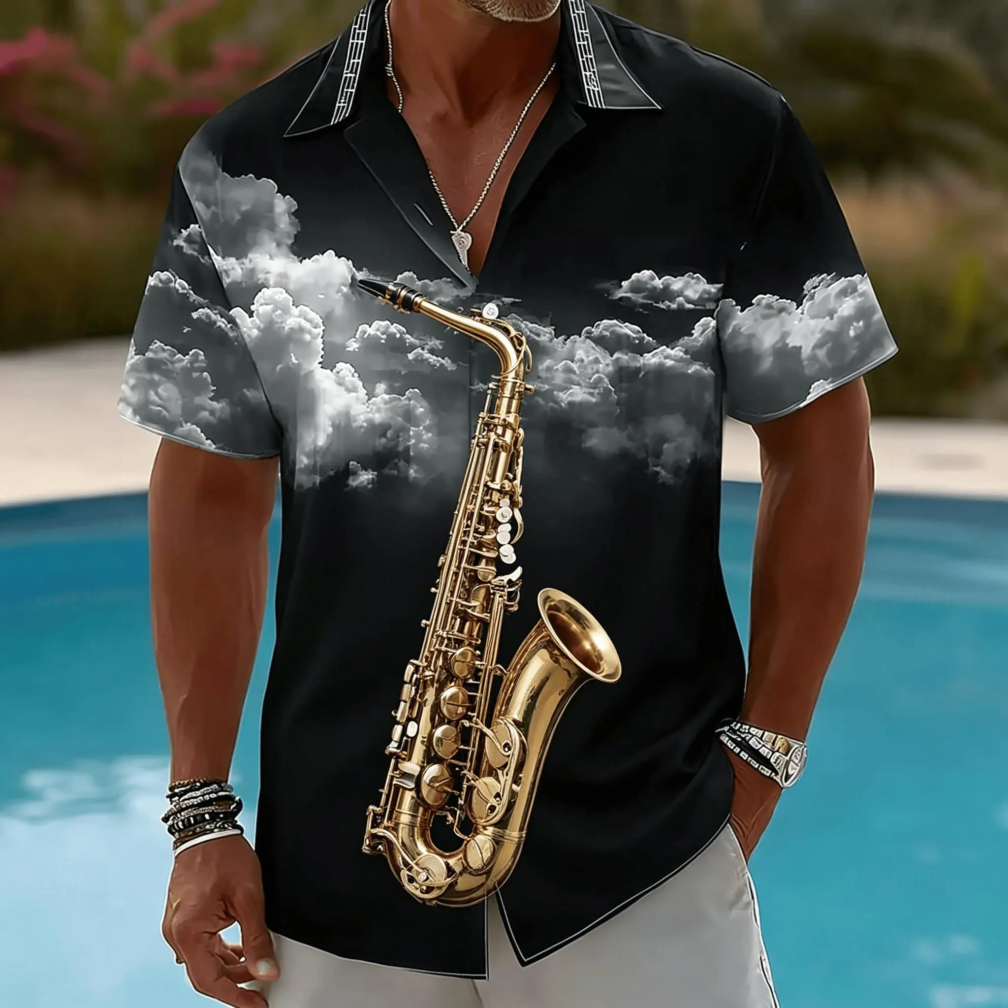 Men's Black Saxophone Cloud Print Short Sleeve Shirt, Retro Jazz Music Button Up Shirt for Spring & Summer
Men's Black Saxophone Cloud Print Short Sleeve Shirt, Retro Jazz Music Button Up Shirt for Spring & Summer