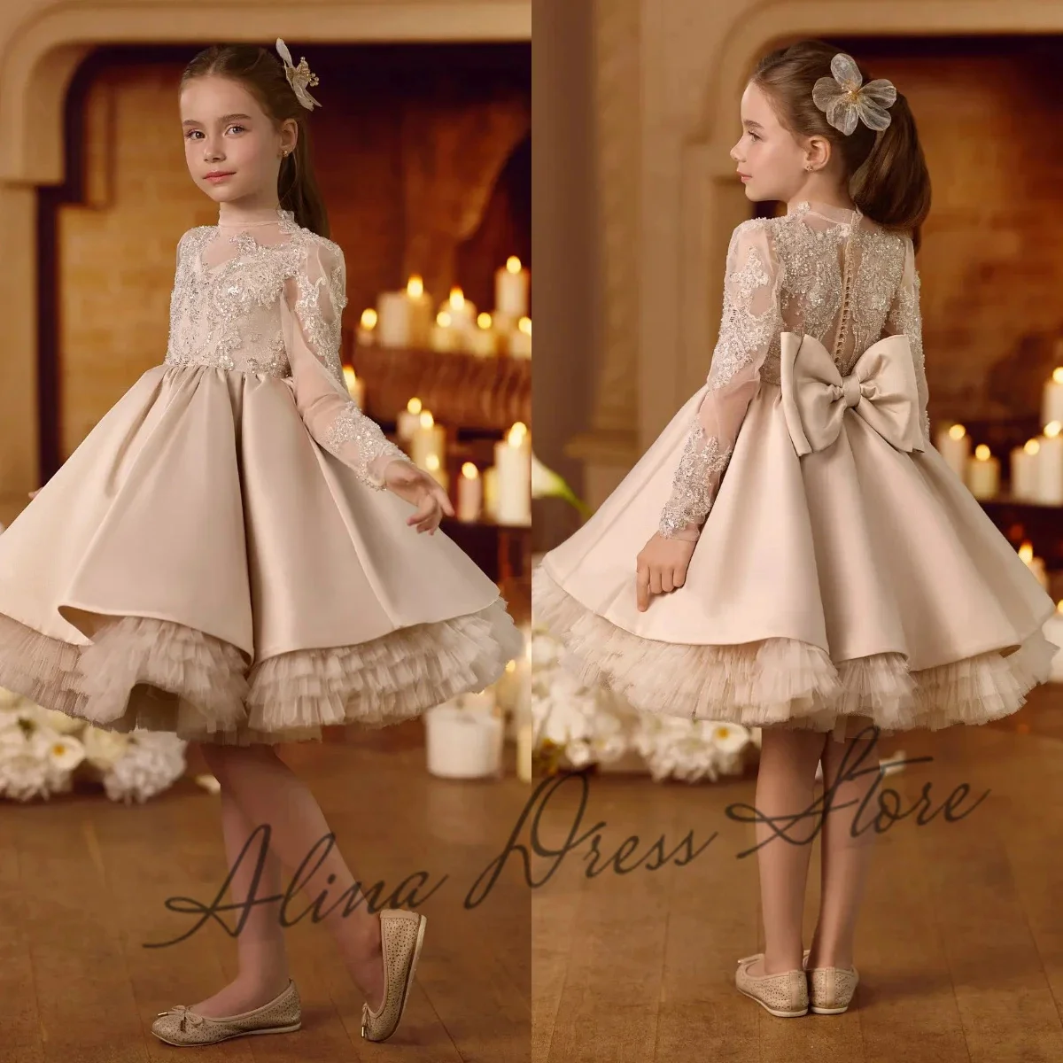 Customized White Flower Girl Dress For Wedding Pearls Bowknot Appliques Long Sleeve Kids Birthday Party First Communion Gown
Customized White Flower Girl Dress For Wedding Pearls Bowknot Appliques Long Sleeve Kids Birthday Party First Communion Gown