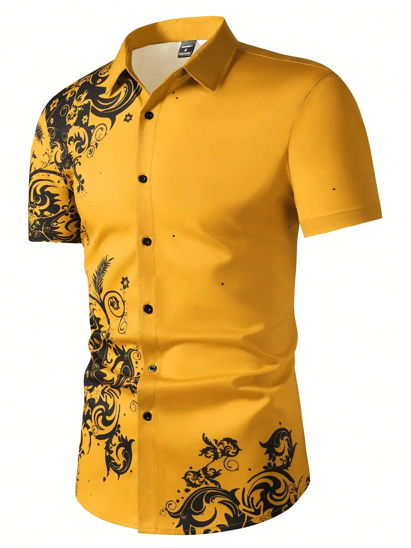 Men's Mustard Yellow Short Sleeve Button-Down Shirt with Black Abstract Floral Print
Men's Mustard Yellow Short Sleeve Button-Down Shirt with Black Abstract Floral Print