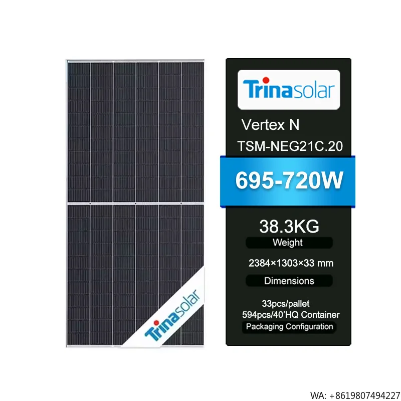 Low MOQ Trina Solar Panels Prices 700 Watt Photovoltaic 695W PV Module 700W Bifacial Solar Panels EU Warehouse
Low MOQ Trina Solar Panels Prices 700 Watt Photovoltaic 695W PV Module 700W Bifacial Solar Panels EU Warehouse