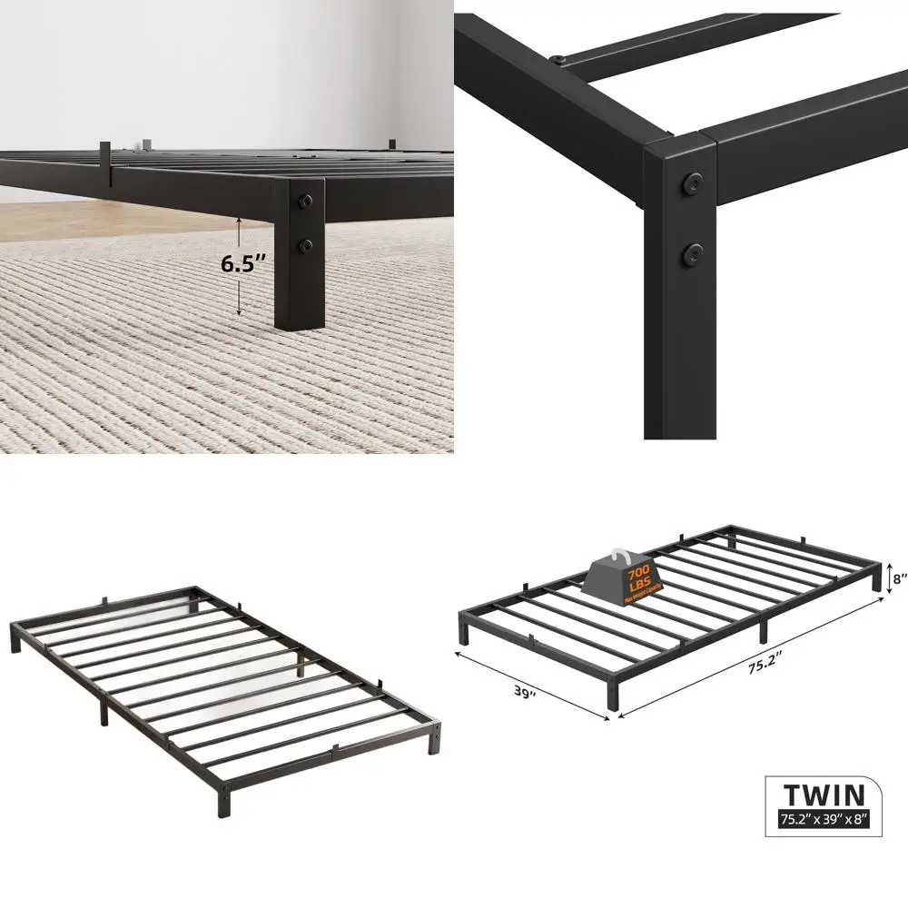 8 Inch Low Profile Twin Metal Bed Frame, Noiseless Support for Mattress, Easy Assembly, Black
8 Inch Low Profile Twin Metal Bed Frame, Noiseless Support for Mattress, Easy Assembly, Black