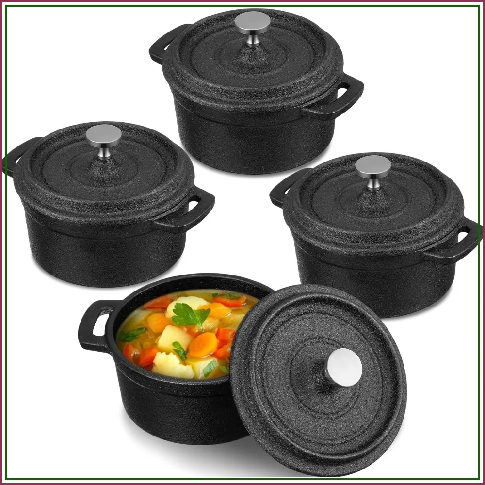 4-Pack Mini Cast Iron Dutch Ovens, 20 oz Each, Oven Safe to 500°F, Black Enameled Cocotte with Lids, for Stovetop, Baking, Roasting, Individual Servings
4-Pack Mini Cast Iron Dutch Ovens, 20 oz Each, Oven Safe to 500°F, Black Enameled Cocotte with Lids, for Stovetop, Baking, Roasting, Individual Servings