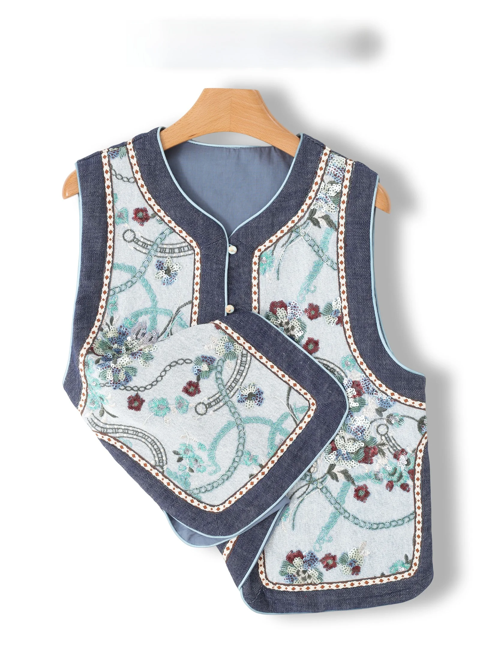 New Chinese Style Embroidered Bead round Neck Denim Vest Women's Retro Shoulder Pad Top Outerwear Heavy Work Embroidery
New Chinese Style Embroidered Bead round Neck Denim Vest Women's Retro Shoulder Pad Top Outerwear Heavy Work Embroidery