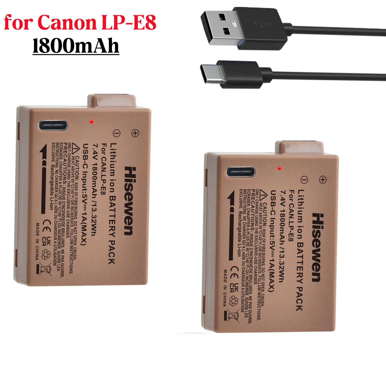 1800mAh LP-E8 LPE8 Battery with TYPE-C USB Input for Canon EOS 600D 550D 650D 700D Rebel T3i T2i T4i T5i Kiss X5 X6 SLR Camera
1800mAh LP-E8 LPE8 Battery with TYPE-C USB Input for Canon EOS 600D 550D 650D 700D Rebel T3i T2i T4i T5i Kiss X5 X6 SLR Camera