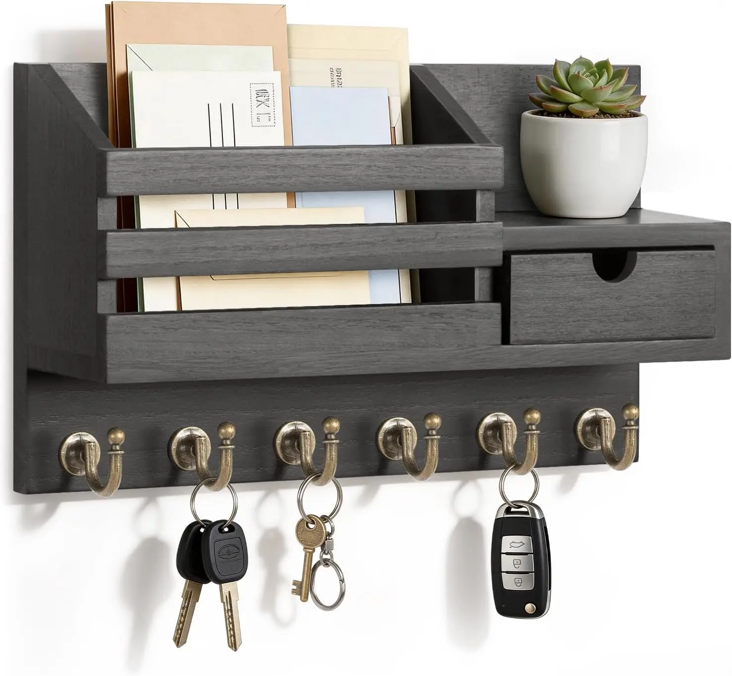 FifthQuarter Key and Mail Holder for Wall, Mail Organizer Wall Mount with 6 Hooks and Storage Drawer, Easy Installation Key Rack for Entryway and Home Decor (A-Black)
FifthQuarter Key and Mail Holder for Wall, Mail Organizer Wall Mount with 6 Hooks and Storage Drawer, Easy Installation Key Rack for Entryway and Home Decor (A-Black)