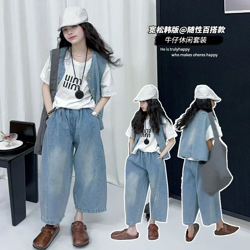 summer -13 14 ensemble jeans fille Denim vest+t-shirt+Wide leg pants 3pcs teen girls clothes set child outfits kids cowboy suit
summer -13 14 ensemble jeans fille Denim vest+t-shirt+Wide leg pants 3pcs teen girls clothes set child outfits kids cowboy suit