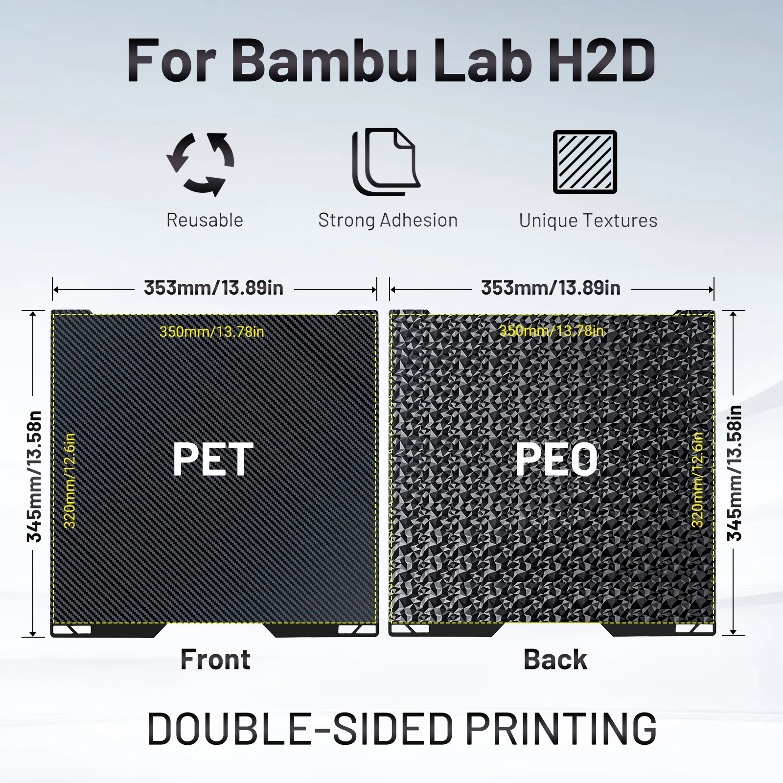 For Bambu Lab H2D Build Plate Double-sided Printing Smooth peo pet 350x320mm Heated Bed For bambulab h2d 3D Printer heatbed
For Bambu Lab H2D Build Plate Double-sided Printing Smooth peo pet 350x320mm Heated Bed For bambulab h2d 3D Printer heatbed