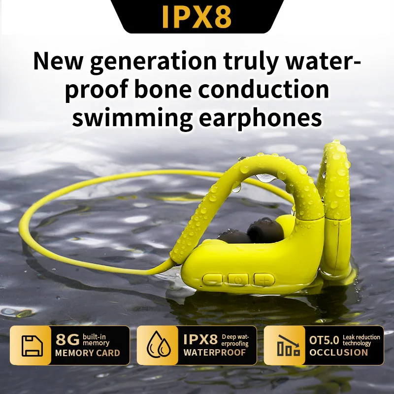 IPX8 Waterproof Swimming Bone conduction Bluetooth Earphones with 8G Memory Card MP3 Mode Suitable for Swimming Running
IPX8 Waterproof Swimming Bone conduction Bluetooth Earphones with 8G Memory Card MP3 Mode Suitable for Swimming Running