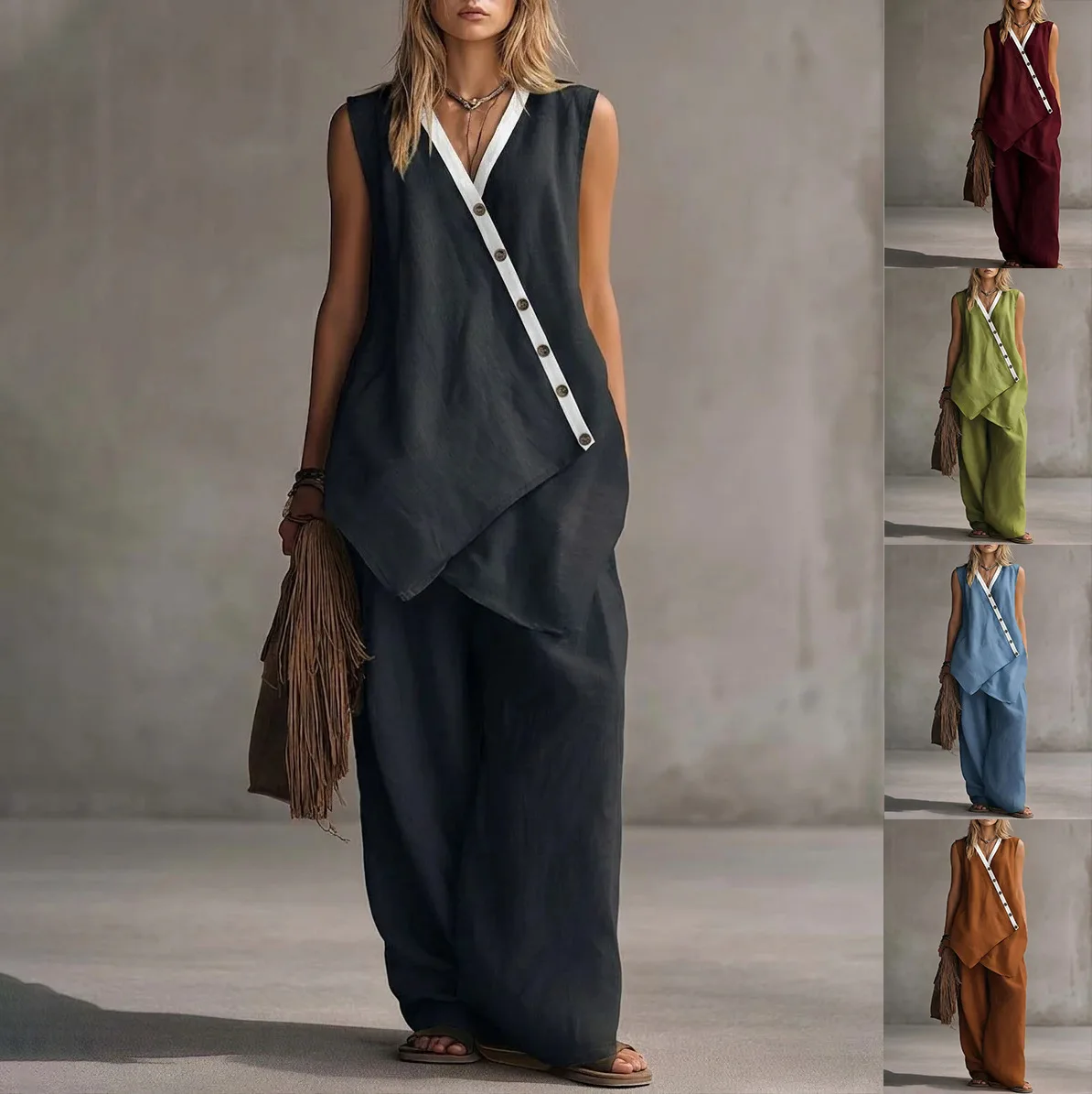 Spring Summer V Neck Irregular Buttonless Sleeveless Top and Wide Leg Pants Set Woman Sexy Casual Beach Vacation Pants Set
Spring Summer V Neck Irregular Buttonless Sleeveless Top and Wide Leg Pants Set Woman Sexy Casual Beach Vacation Pants Set