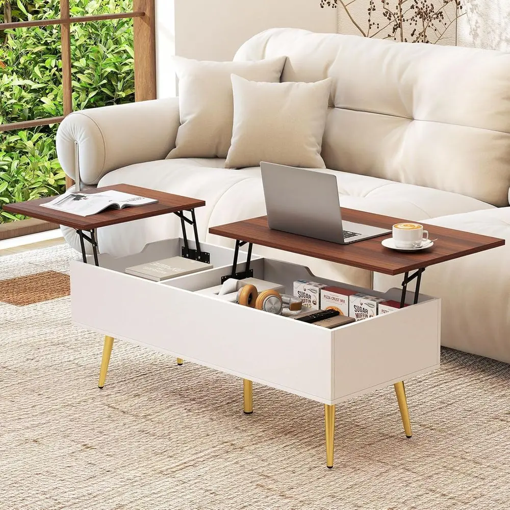 Mid-Century Split Top Coffee Table with 2 Hidden Drawers, Walnut and White Accent Table with Gold Metal Legs for Living Room
Mid-Century Split Top Coffee Table with 2 Hidden Drawers, Walnut and White Accent Table with Gold Metal Legs for Living Room