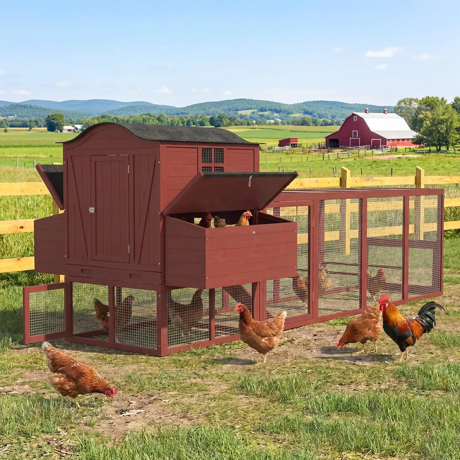 138in Wooden Chicken Coop Hen House Run 6 Nesting Boxes Waterproof UV Roof Pull Tray Ramp Outdoor, Customized
138in Wooden Chicken Coop Hen House Run 6 Nesting Boxes Waterproof UV Roof Pull Tray Ramp Outdoor, Customized