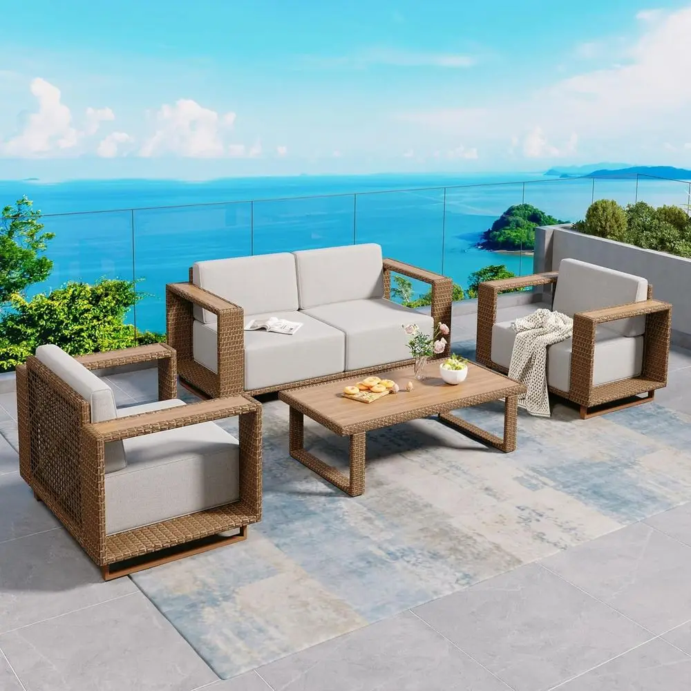 4-Piece Outdoor Wicker Patio Furniture Set with Thick Cushions for Garden and Backyard, Beige
4-Piece Outdoor Wicker Patio Furniture Set with Thick Cushions for Garden and Backyard, Beige