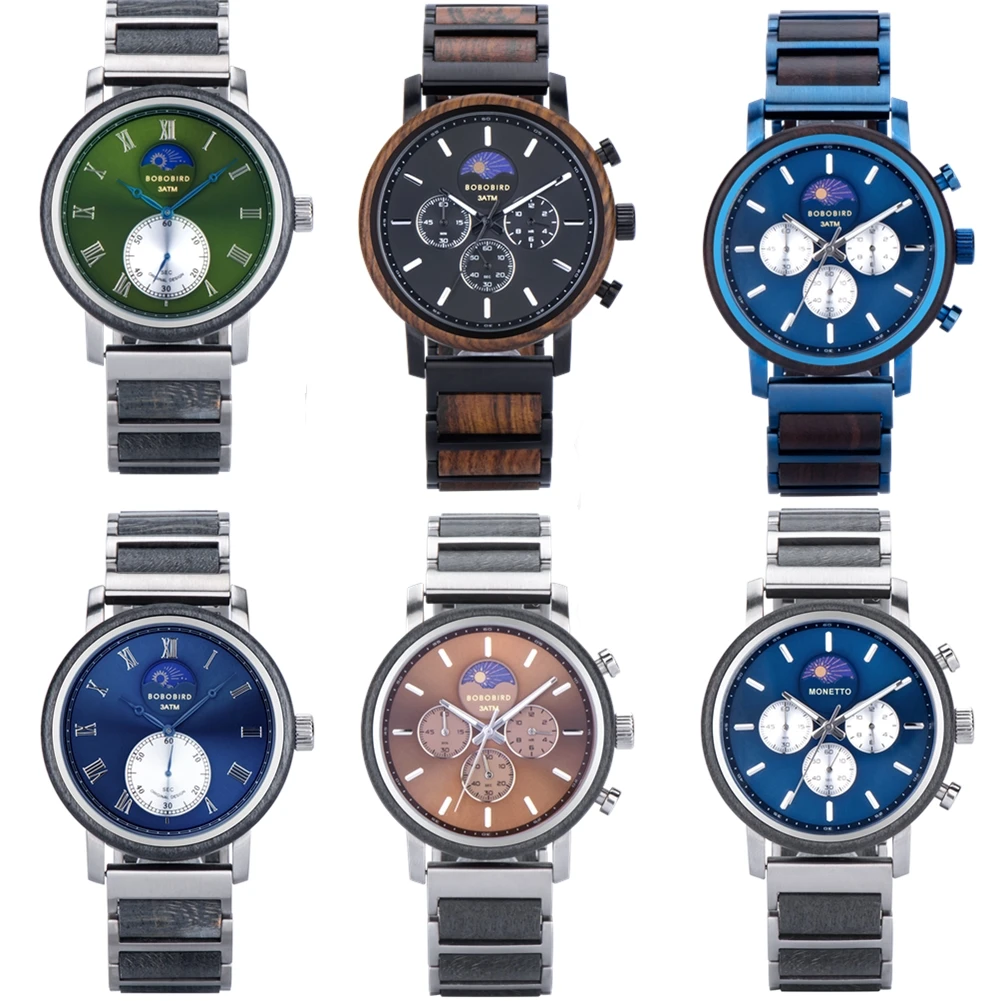 BOBO BIRD New Wooden Watch Men Moon Phase Quartz Wristwatch Multi-function Business Watches Custom logo Clock Christmas Gift Box
BOBO BIRD New Wooden Watch Men Moon Phase Quartz Wristwatch Multi-function Business Watches Custom logo Clock Christmas Gift Box